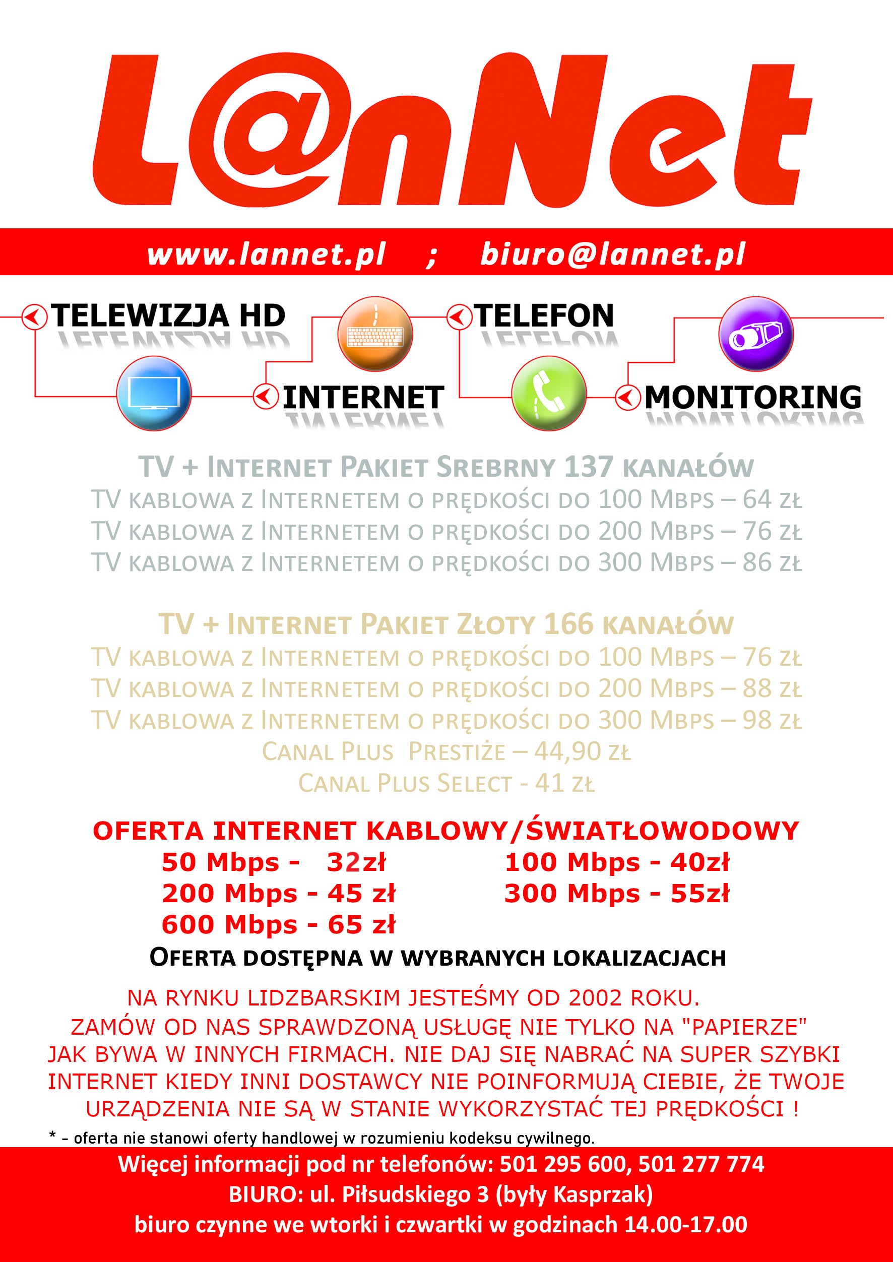 LanNet Internet swiatlowodowy światłowodowy Telewizja swiatlowodowa światłowodowa Telefon Monitoring Lidzbark Warmiński Lidzbark Warminski